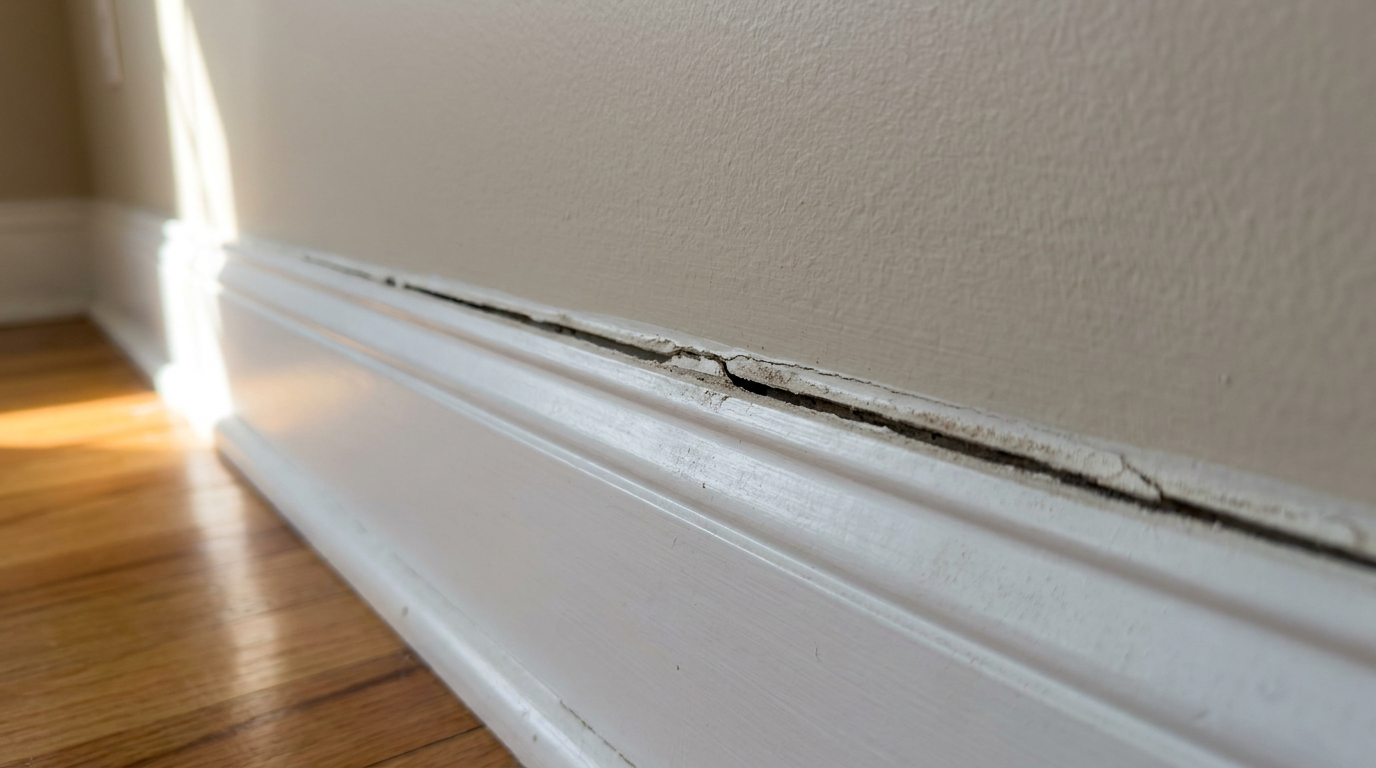 Baseboard trim pulling away from drywall leaving a dark visible gap along the wall