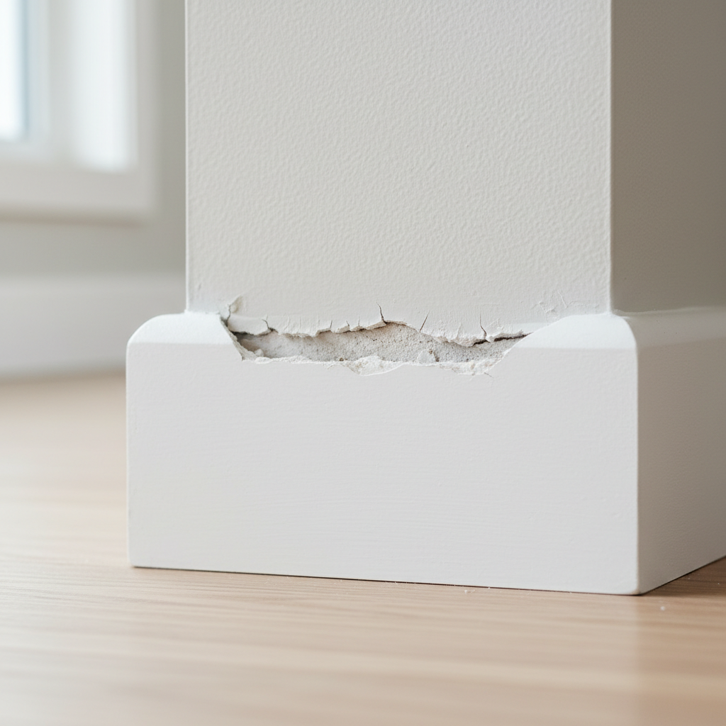 White baseboard trim pulling away from a painted beige wall, showing a noticeable gap and cracked caulk.