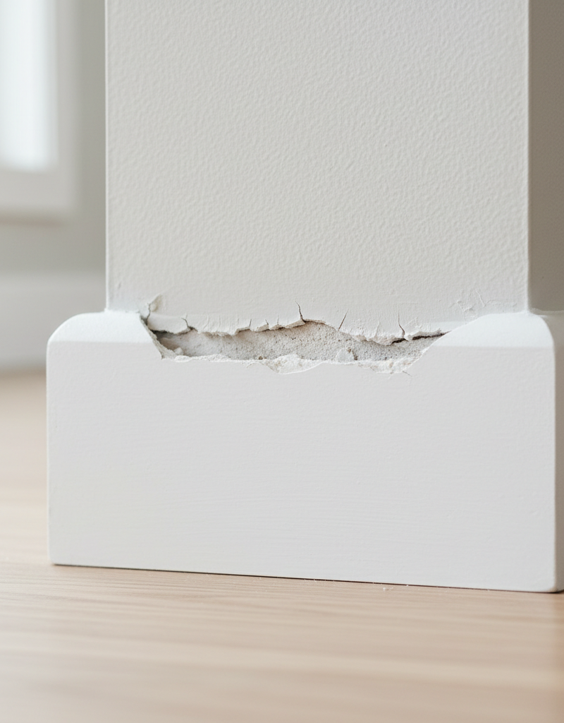 White baseboard trim pulling away from a painted beige wall, showing a noticeable gap and cracked caulk.