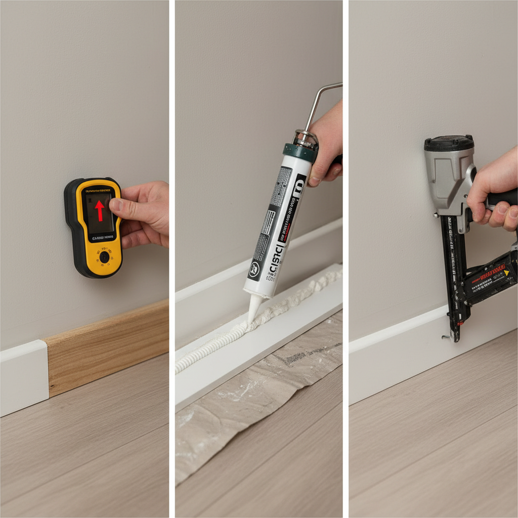 Homeowner using a stud finder and construction adhesive to re-secure a separated baseboard.