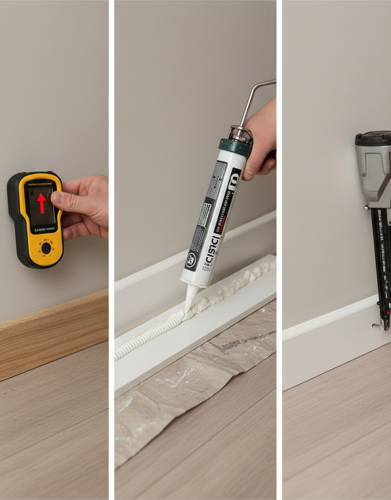 Homeowner using a stud finder and construction adhesive to re-secure a separated baseboard.