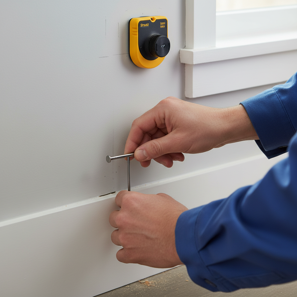 Close-up of a homeowner setting a nail in a freshly re-secured baseboard against a wall.