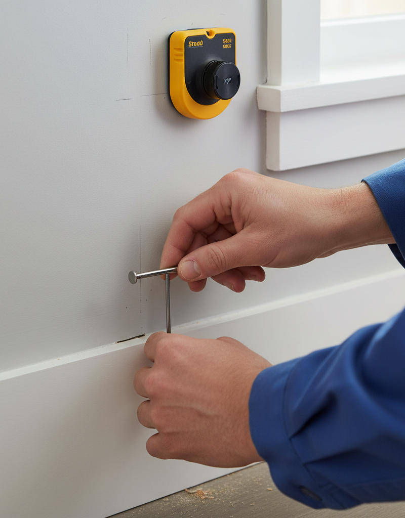Close-up of a homeowner setting a nail in a freshly re-secured baseboard against a wall.
