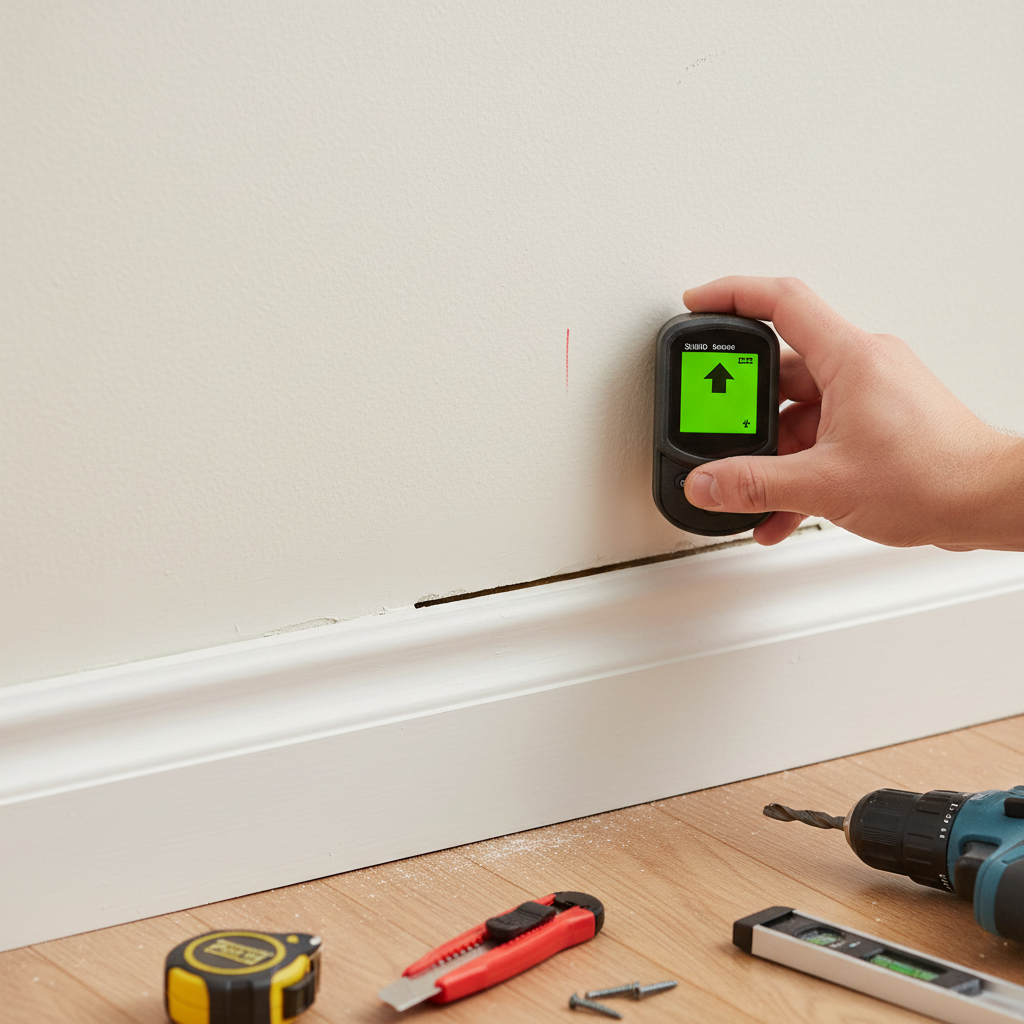 Homeowner using a stud finder to re-secure a baseboard that has separated from the wall.