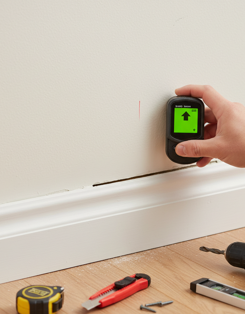 Homeowner using a stud finder to re-secure a baseboard that has separated from the wall.
