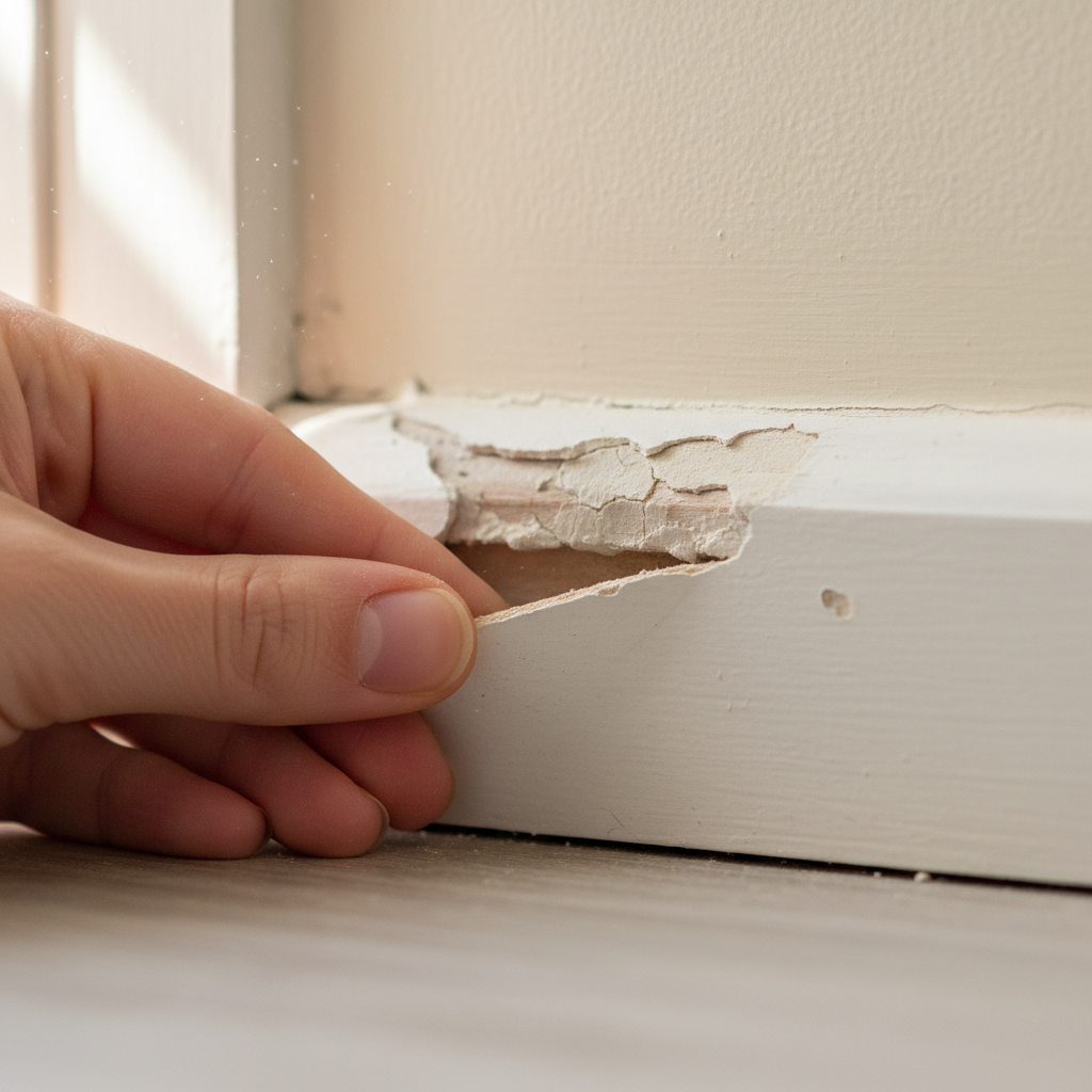 Close-up of a white painted baseboard with a visible gap where it's pulled away from the beige wall, showing cracked caulk.