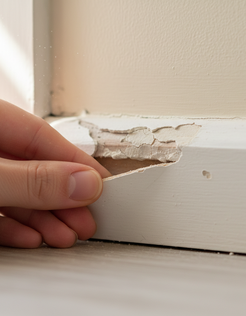 Close-up of a white painted baseboard with a visible gap where it's pulled away from the beige wall, showing cracked caulk.