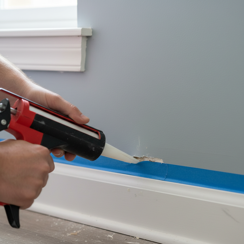 Homeowner applying caulk to a separating baseboard for a clean repair.