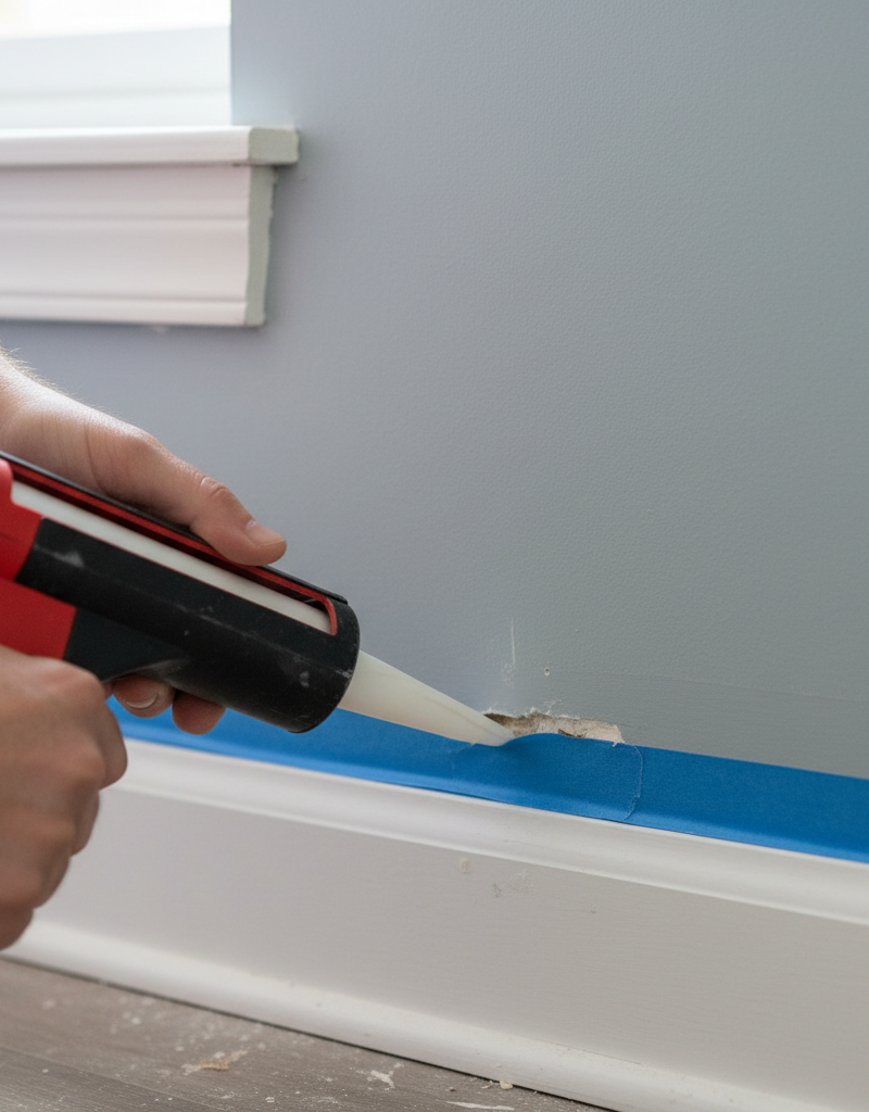 Homeowner applying caulk to a separating baseboard for a clean repair.