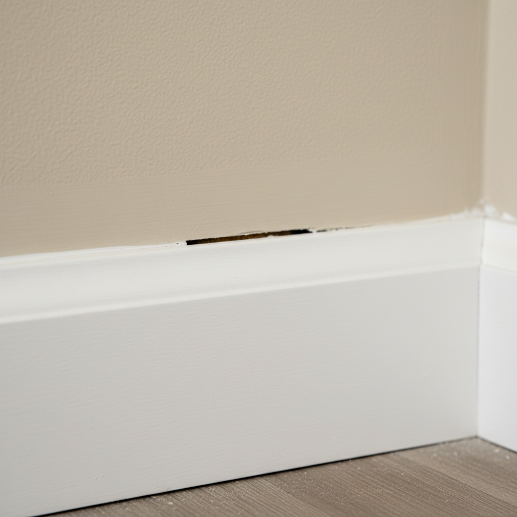 White baseboard showing a small separation from a light-colored wall, indicating a common home maintenance issue.