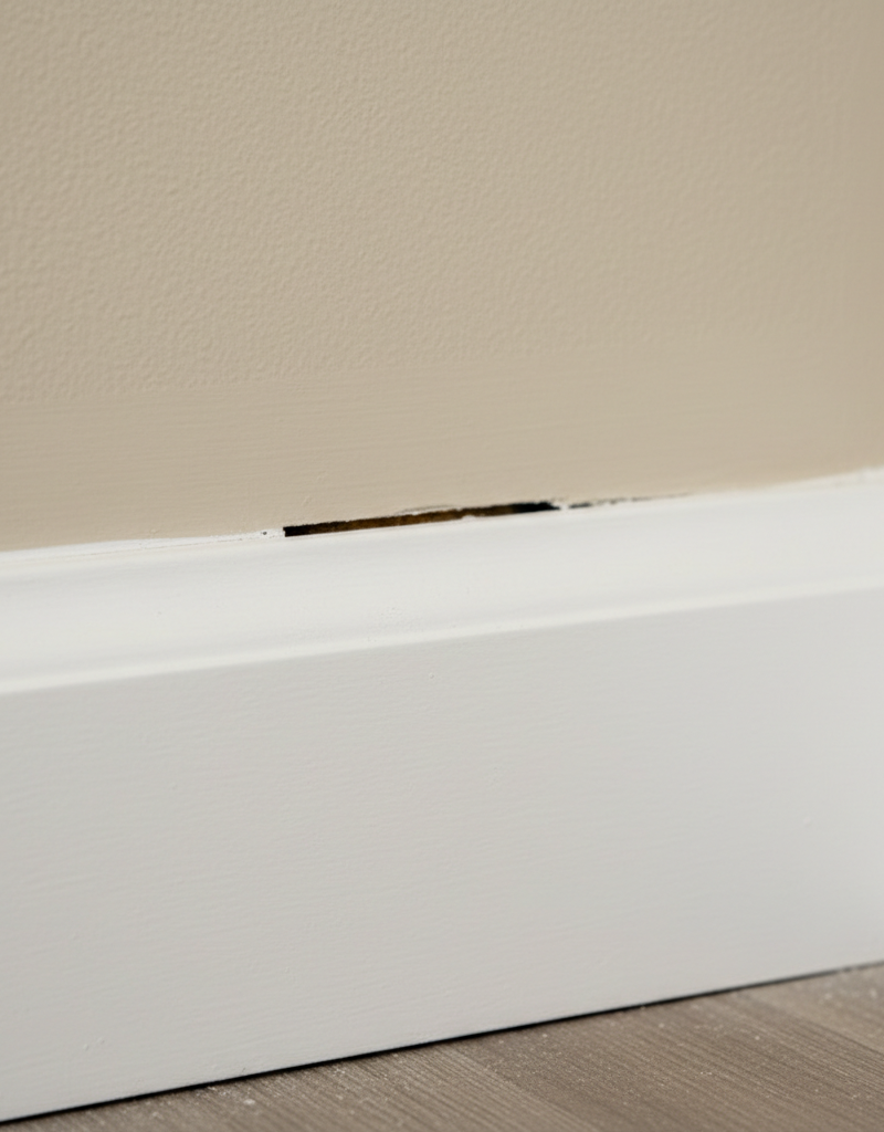 White baseboard showing a small separation from a light-colored wall, indicating a common home maintenance issue.