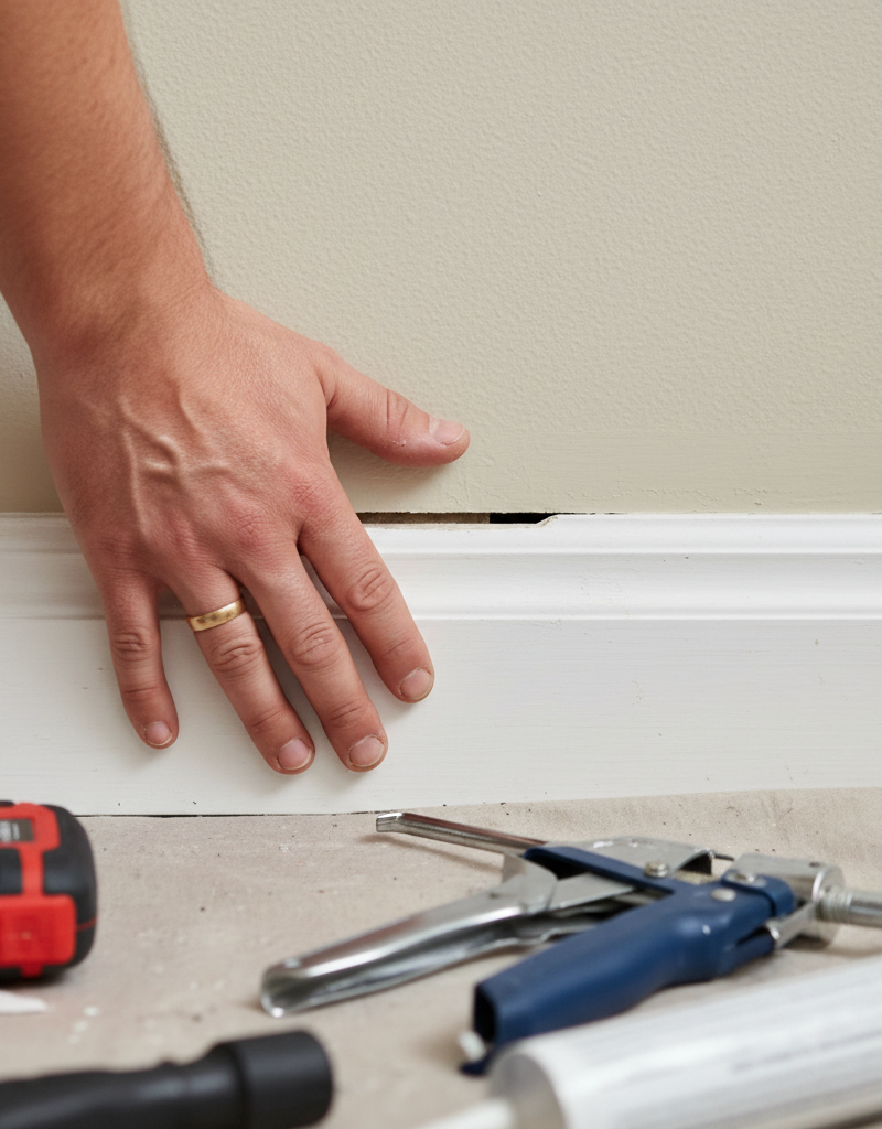 A white baseboard with a visible gap between it and the wall, with a homeowner's hand pressing on it.