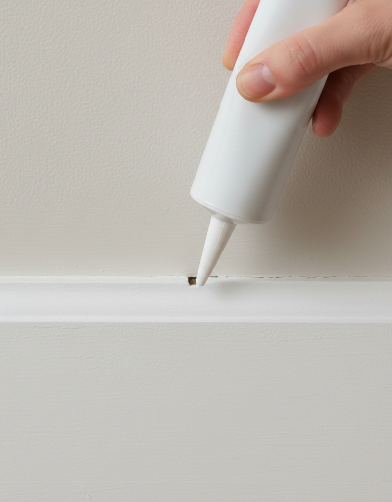 Homeowner applying caulk to a small gap where the baseboard is separating from the wall