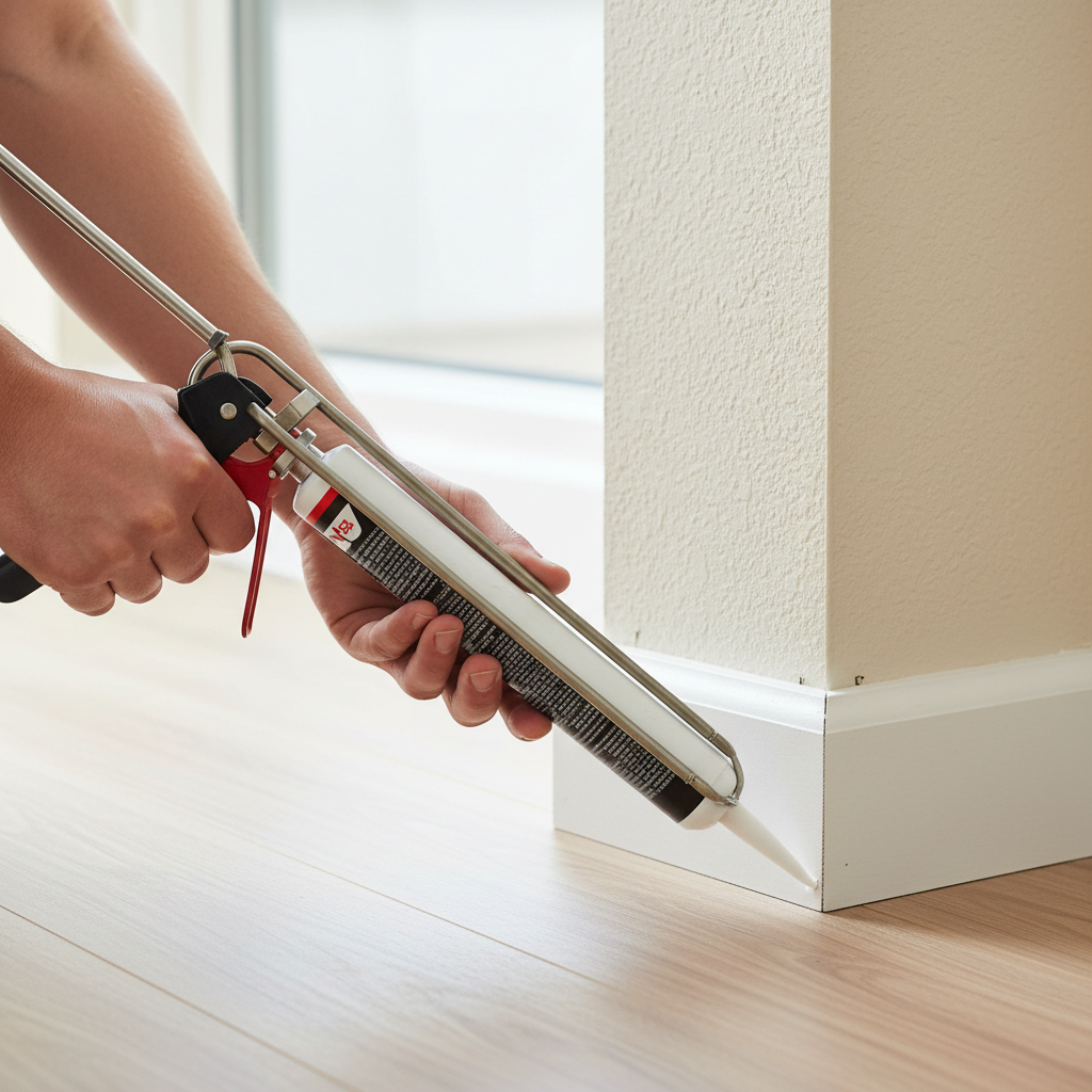 Homeowner applying caulk to a gap between a white baseboard and a painted wall to seal the separation.