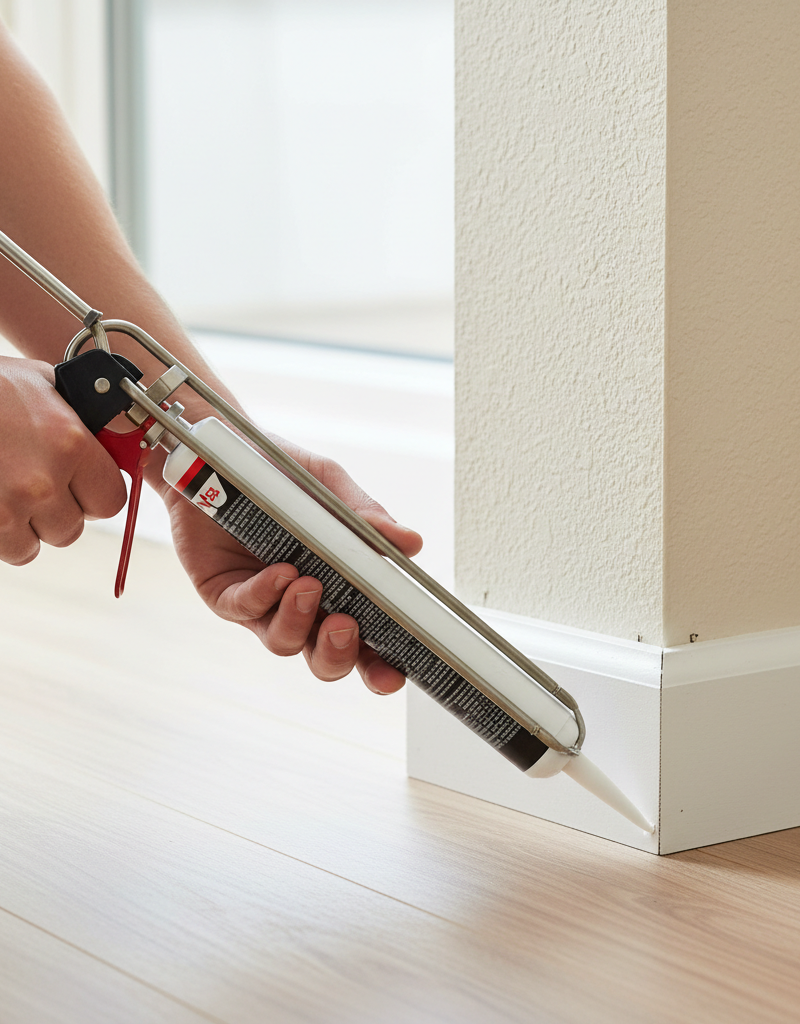 Homeowner applying caulk to a gap between a white baseboard and a painted wall to seal the separation.