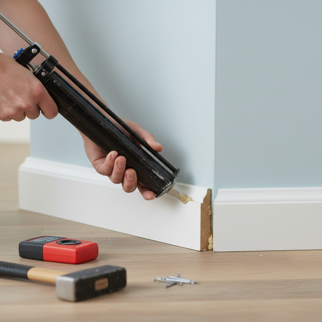 Homeowner applying construction adhesive to the back of a baseboard that has pulled away from the wall, with a stud finder and nails nearby.