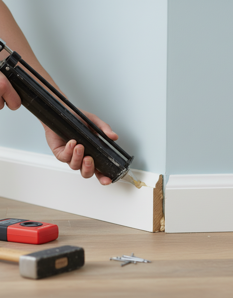 Homeowner applying construction adhesive to the back of a baseboard that has pulled away from the wall, with a stud finder and nails nearby.