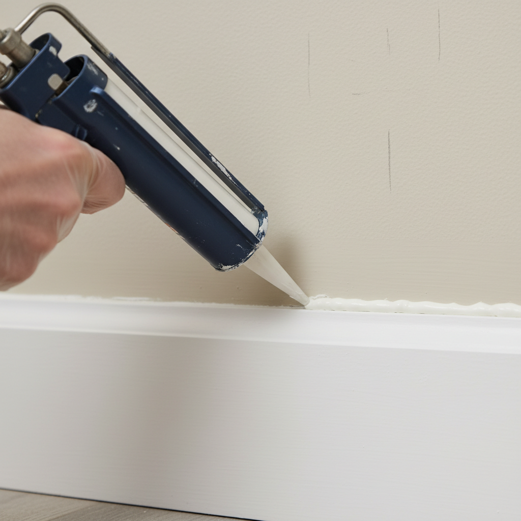 Close-up of a homeowner's hand using a caulk gun to seal a gap between a white baseboard and a light wall.