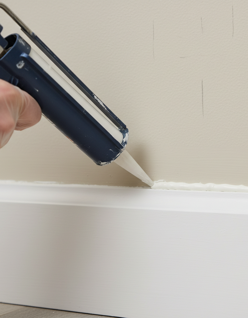 Close-up of a homeowner's hand using a caulk gun to seal a gap between a white baseboard and a light wall.