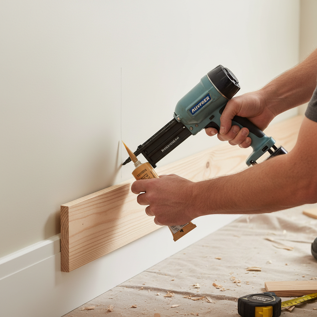 Homeowner repairing a separated baseboard with construction adhesive and a nail gun, ensuring a secure attachment to the wall stud.