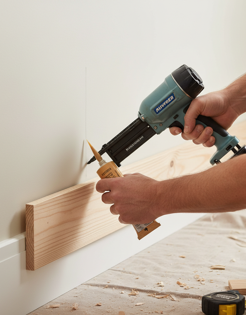 Homeowner repairing a separated baseboard with construction adhesive and a nail gun, ensuring a secure attachment to the wall stud.