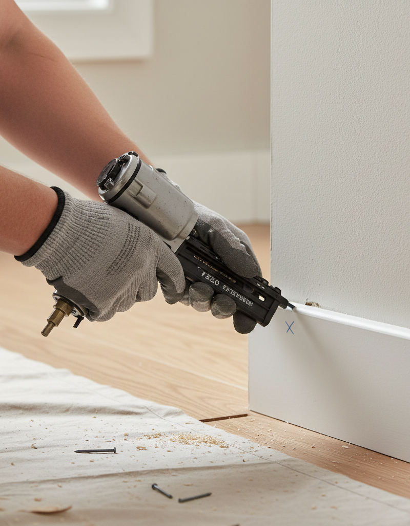 Close-up of homeowner's hands using a brad nailer to re-secure a white baseboard to a tan wall, where a small gap had formed.