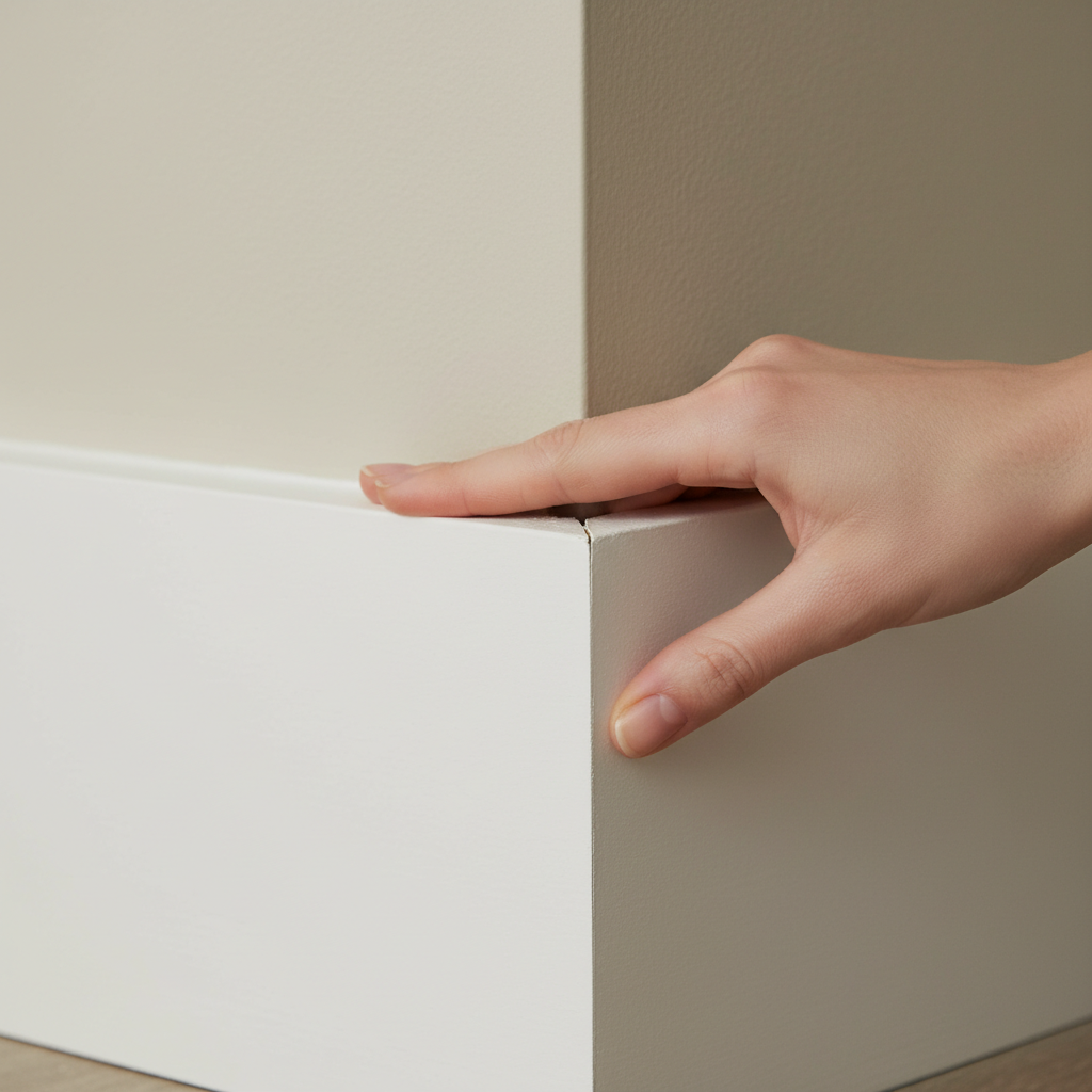 A close-up of a white baseboard with a small gap visible where it has pulled away from a light tan wall.