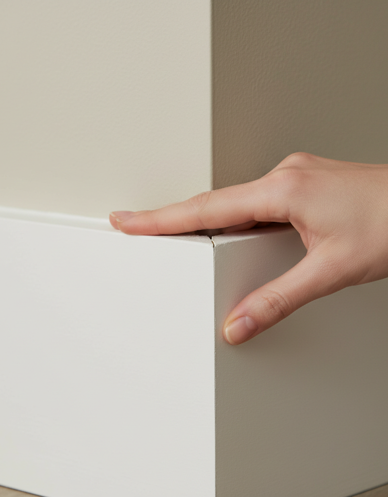 A close-up of a white baseboard with a small gap visible where it has pulled away from a light tan wall.