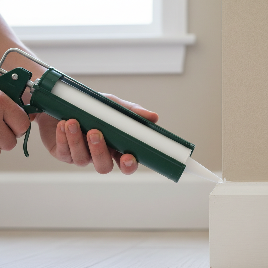 Homeowner sealing a gap between white baseboard and wall with caulk gun