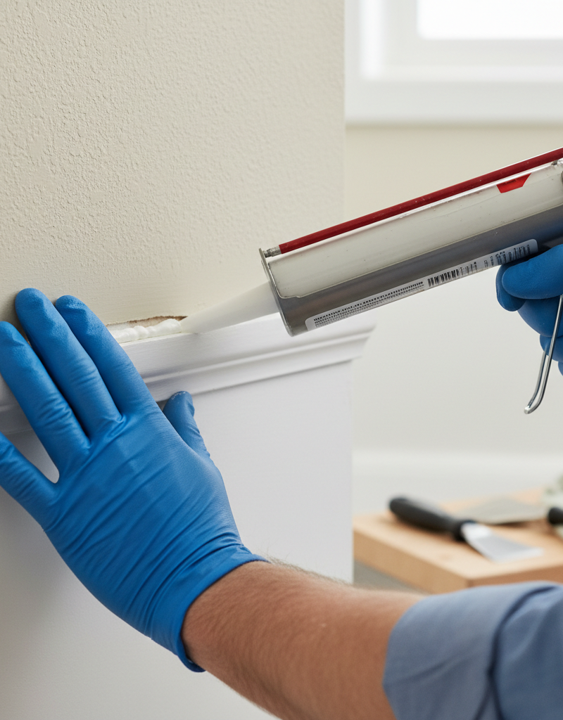 Homeowner applying caulk to a baseboard gap after re-securing it to the wall.