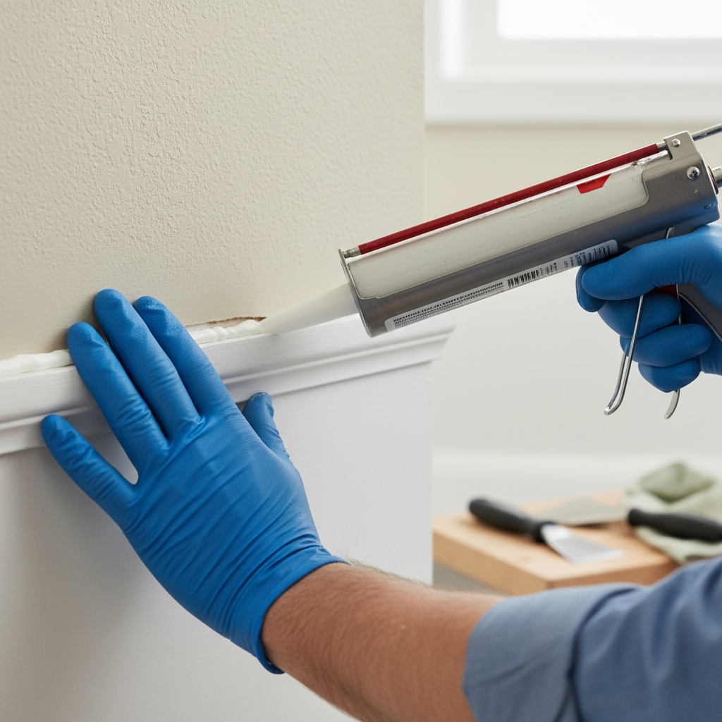 Homeowner applying caulk to a baseboard gap after re-securing it to the wall.