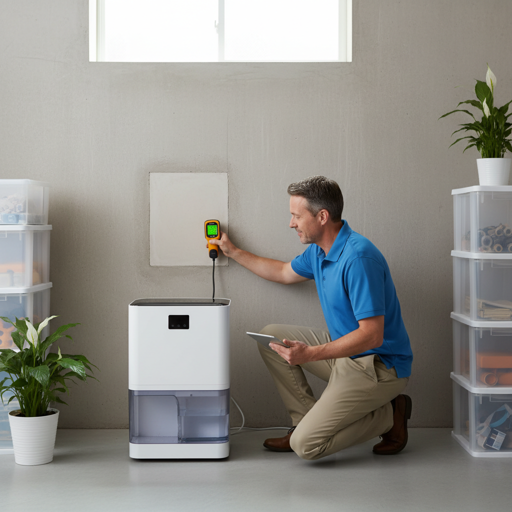 Homeowner inspecting a basement foundation wall for moisture with a moisture meter next to a running dehumidifier, signaling a solution to a musty smell.