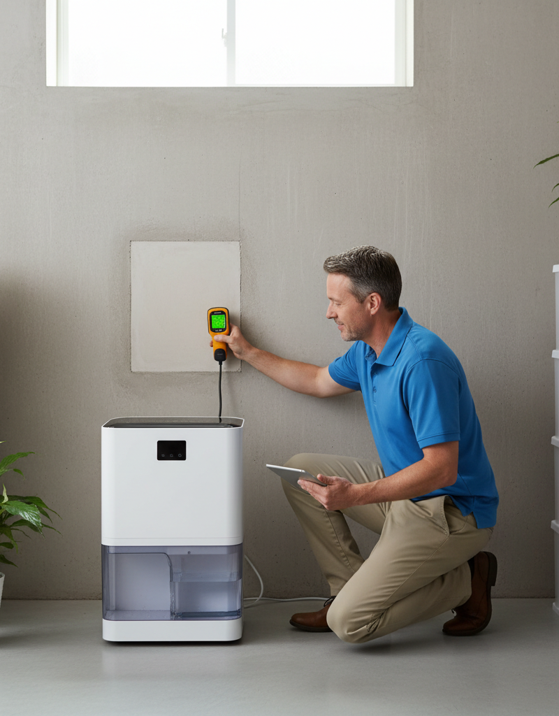 Homeowner inspecting a basement foundation wall for moisture with a moisture meter next to a running dehumidifier, signaling a solution to a musty smell.