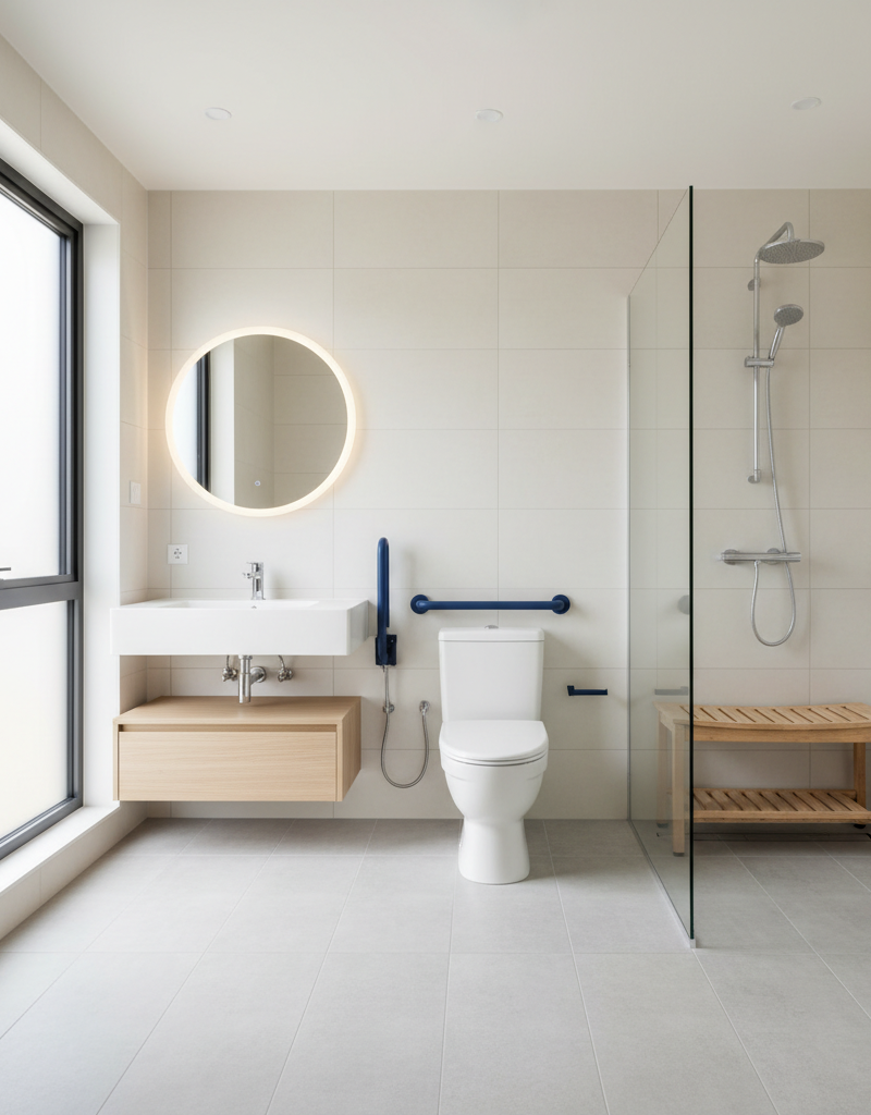 Modern accessible bathroom with roll-in shower, grab bars, and open vanity