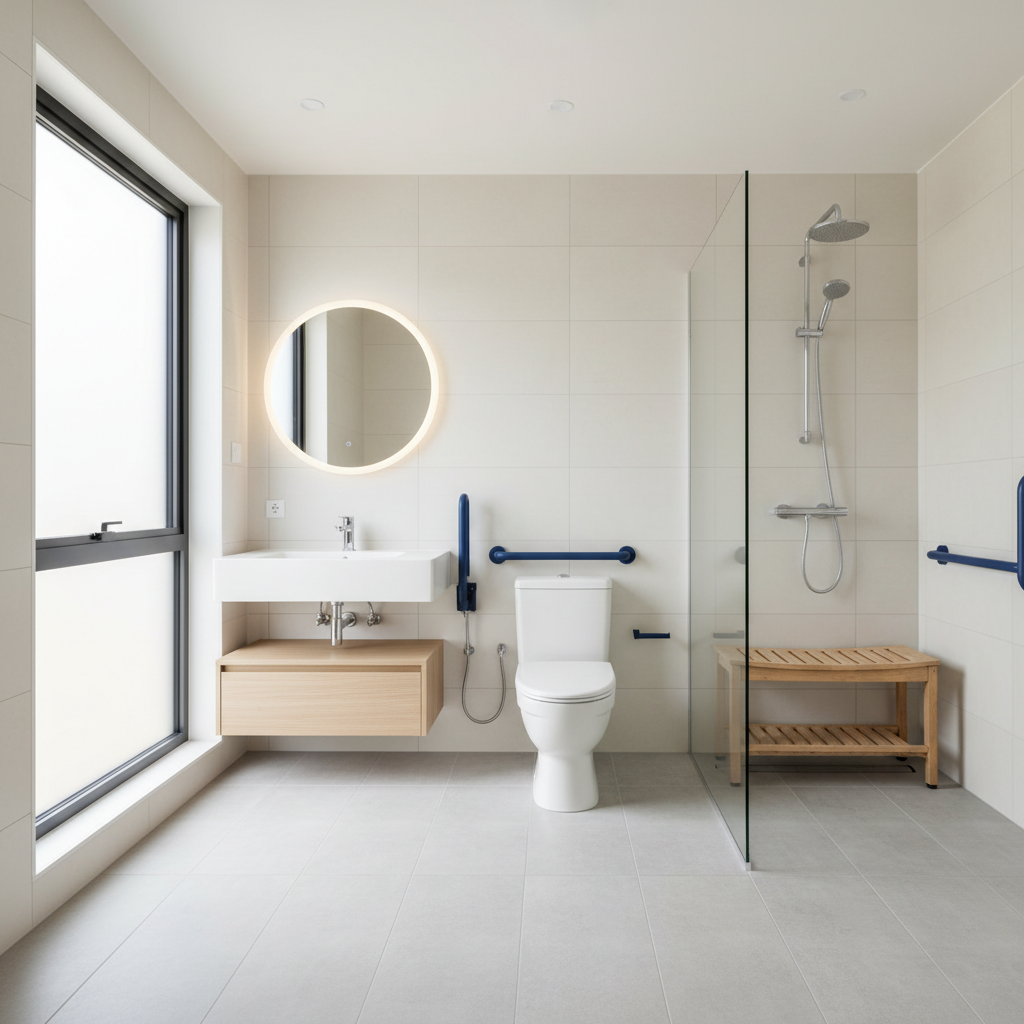 Modern accessible bathroom with roll-in shower, grab bars, and open vanity