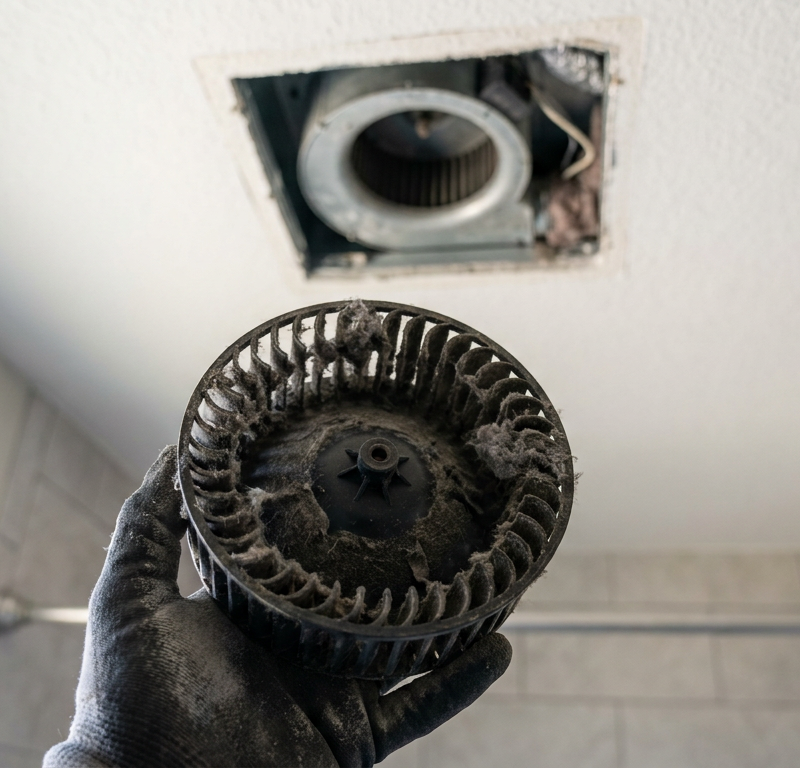 A person holding a dirty bathroom exhaust fan blower wheel covered in dust and lint.