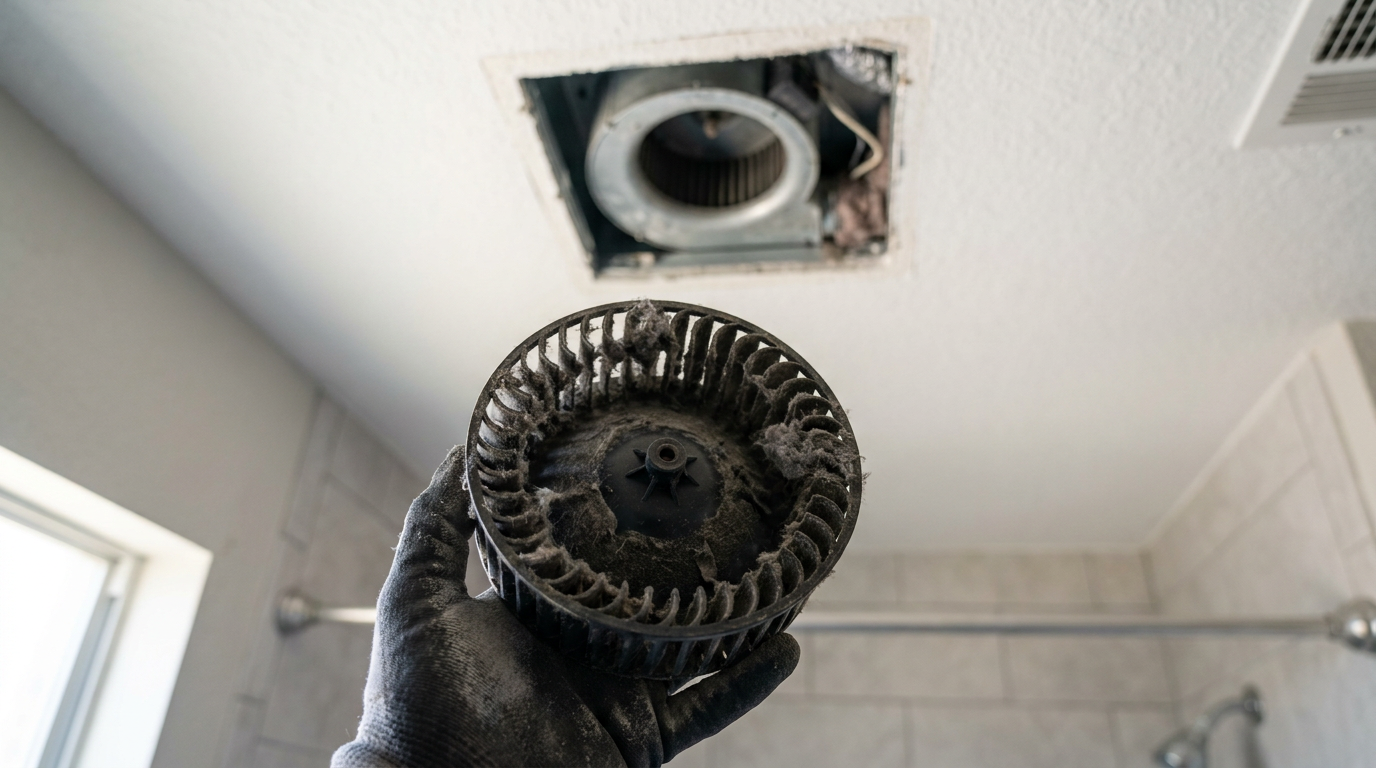 A person holding a dirty bathroom exhaust fan blower wheel covered in dust and lint.