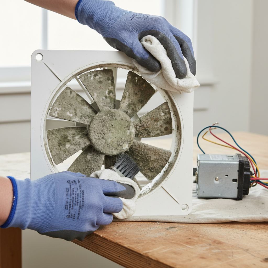 Contractor cleaning mold and dust from a bathroom exhaust fan motor and housing with a brush and cloth.