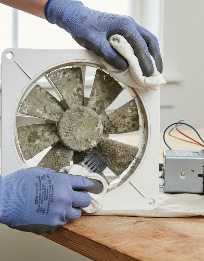 Contractor cleaning mold and dust from a bathroom exhaust fan motor and housing with a brush and cloth.