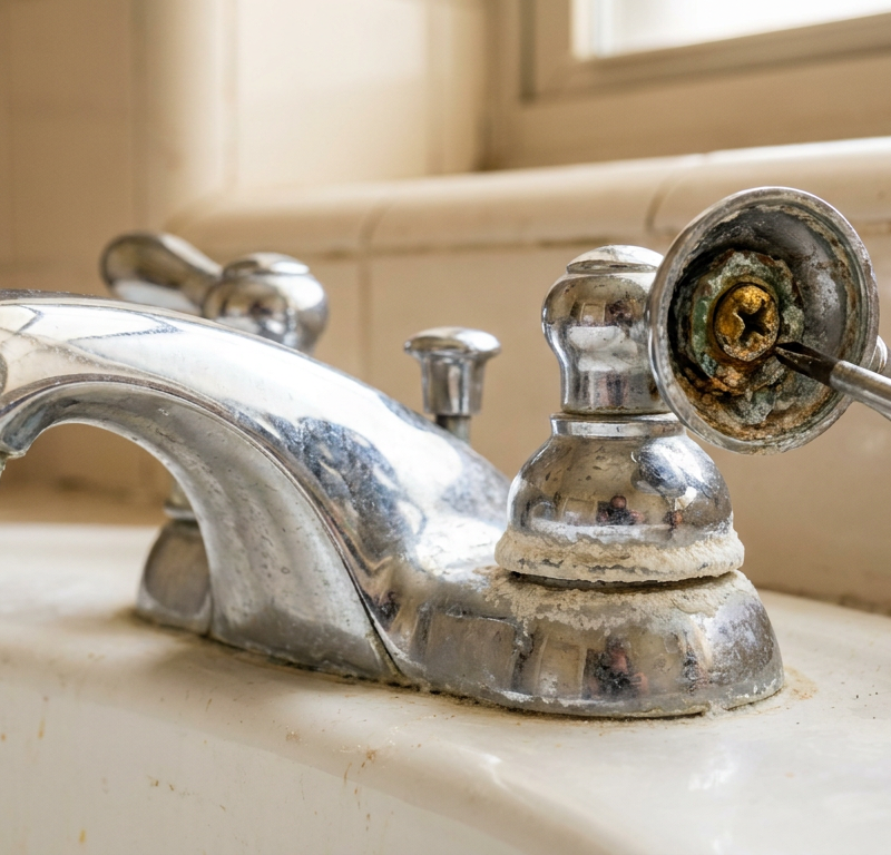 Corroded bathroom faucet handle stuck on sink vanity with white mineral buildup