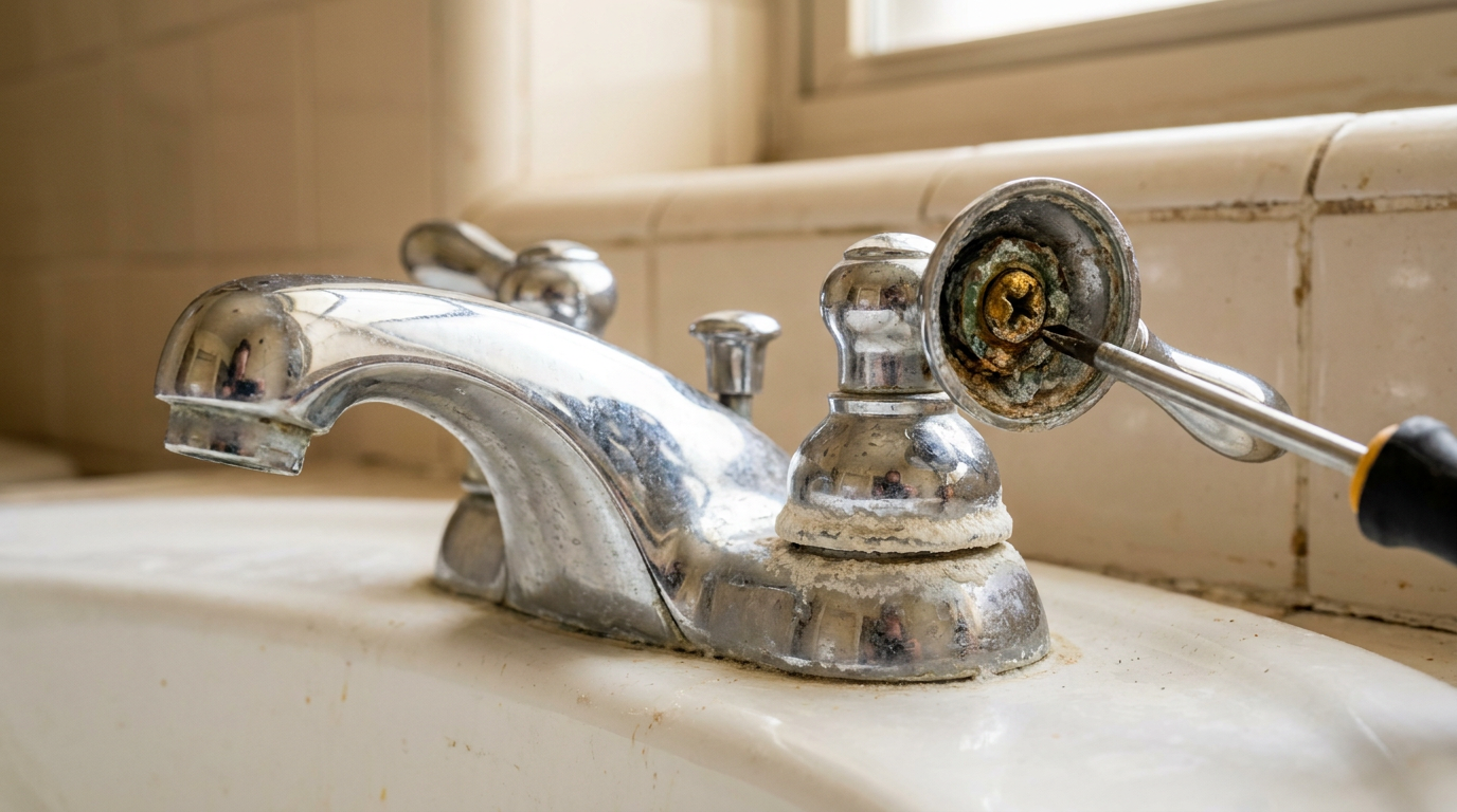 Corroded bathroom faucet handle stuck on sink vanity with white mineral buildup
