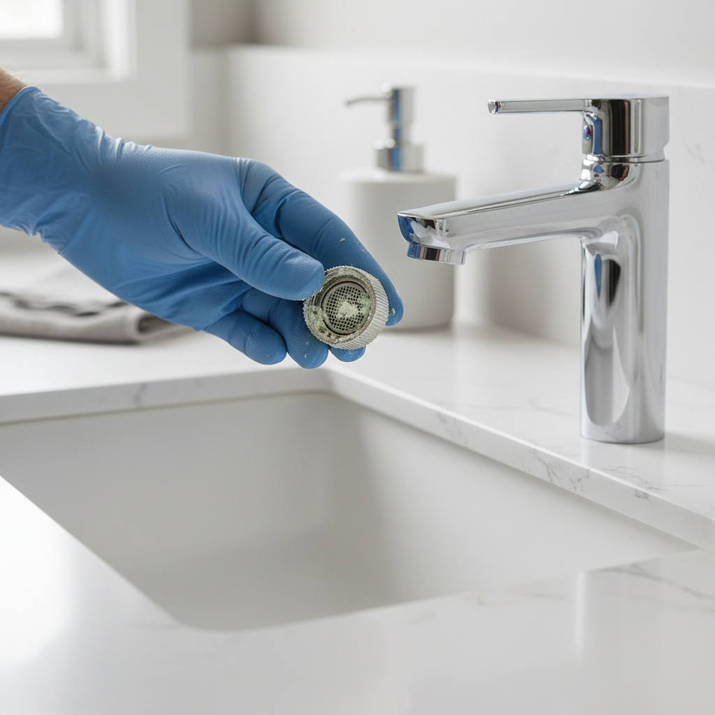 Homeowner cleaning a bathroom faucet aerator, showing mineral buildup.