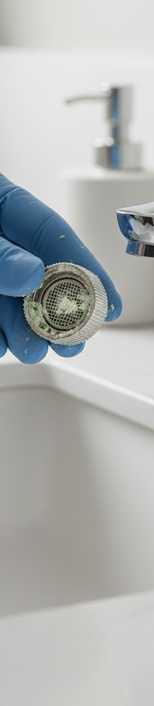 Homeowner cleaning a bathroom faucet aerator, showing mineral buildup.