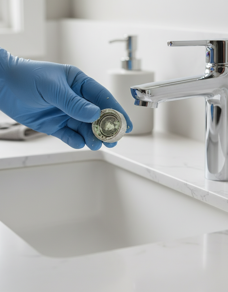 Homeowner cleaning a bathroom faucet aerator, showing mineral buildup.
