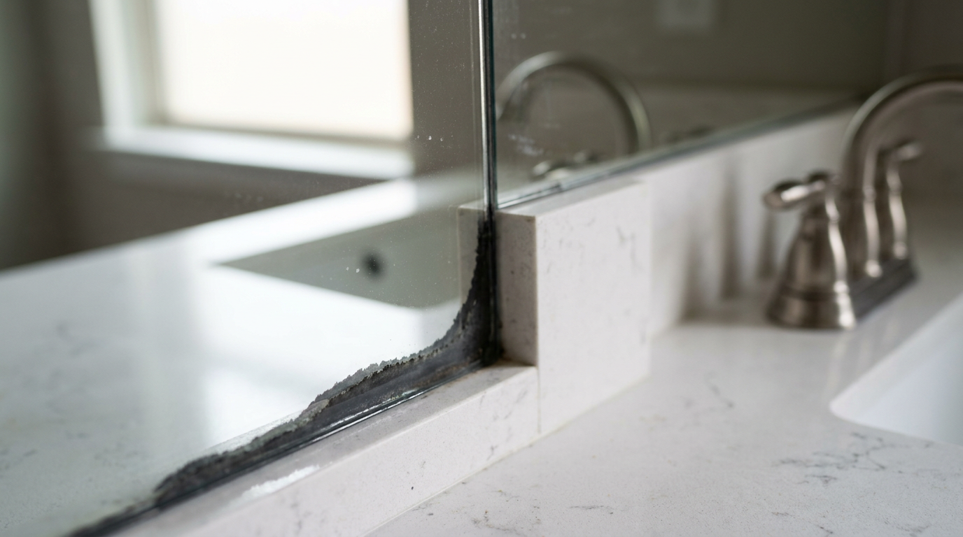 Black creeping desilvering edges along the bottom corner of a bathroom plate glass vanity mirror