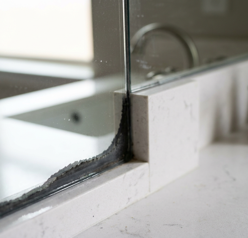 Black creeping desilvering edges along the bottom corner of a bathroom plate glass vanity mirror