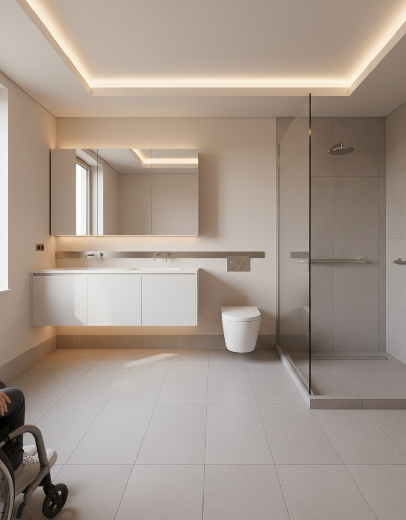 Modern accessible bathroom with curbless shower and floating vanity