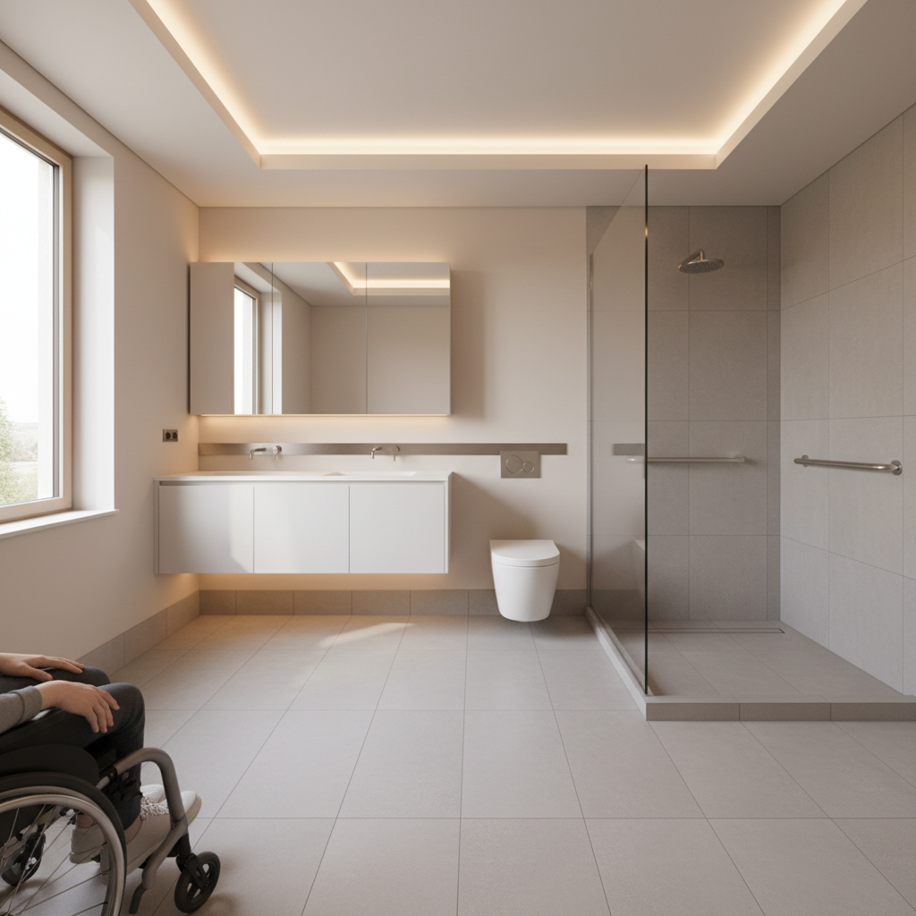 Modern accessible bathroom with curbless shower and floating vanity