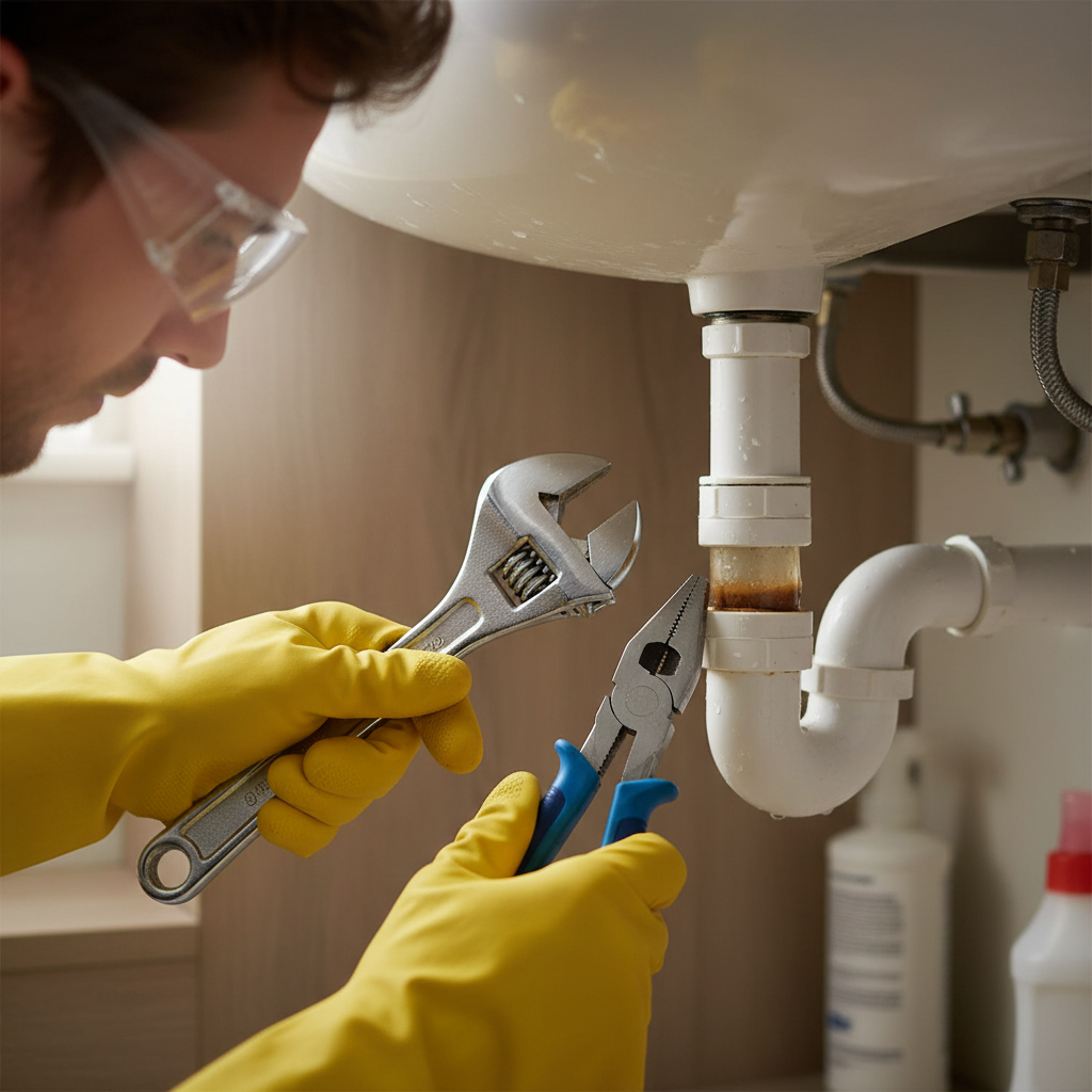 Homeowner cleaning a smelly bathroom sink P-trap with tools
