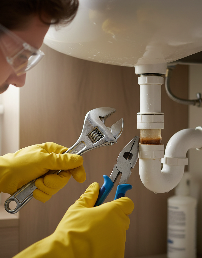 Homeowner cleaning a smelly bathroom sink P-trap with tools